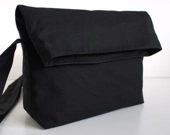 New black dry waxed canvas shoulder bag: Unisex fold top messenger purse