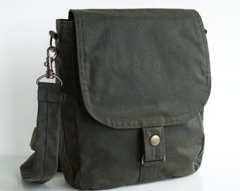 Olive Waxed Canvas Tablet Messenger Bag, Unisex Crossbody Pouch