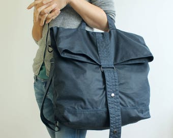 Versatile Backpack in Navy Waxed Canvas, Blue Minimal Vegan Rucksack for Men and Women, Bag Converts into Tote Messenger and Backpack