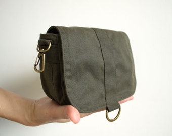 Waxed canvas hip bag, waxed canvas pouch, green shoulder bag, waxed bag, small crossbody bag - The Olive Saddle Purse