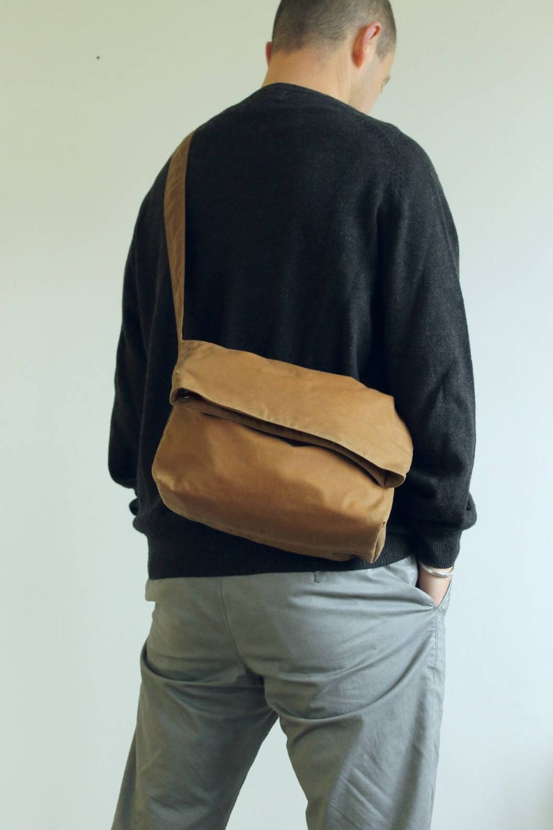 Waxed Canvas Bag, Waxed Canvas Messenger, Waxed Canvas Shoulder Bag, Vegan Purse The Brown Fold Top image 5