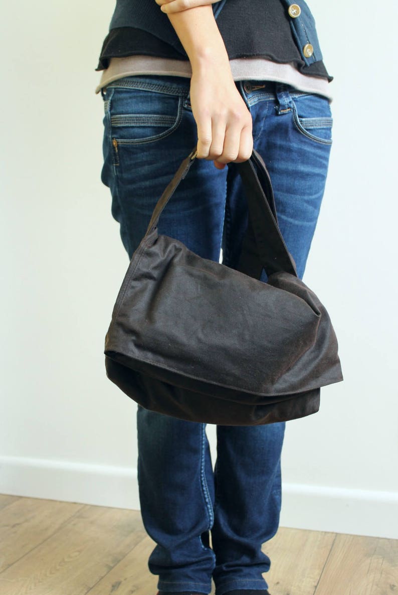 Waxed Canvas Bag, Waxed Canvas Messenger, Waxed Canvas Shoulder Bag, Vegan Purse The Brown Fold Top image 2