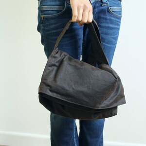 Waxed canvas handbag, waxed canvas purse, waxed canvas shoulder bag, black messenger bag, unisex bag, mens waxed bag The Black Fold Top image 6