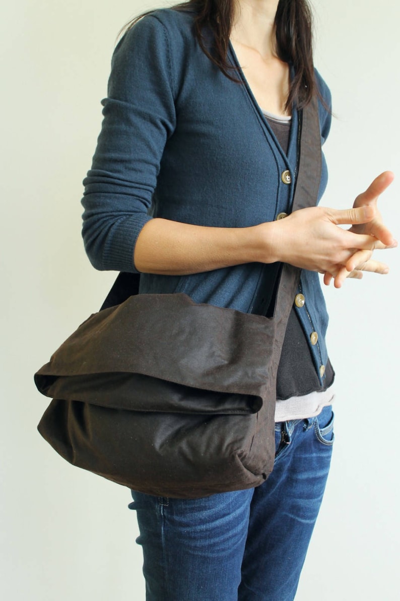 Waxed Canvas Shoulder Bag, Vegan Messenger, Waxed Canvas Messenger, Waxed Canvas Bag The Brown Fold Top image 4