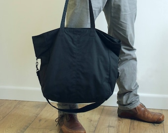 Black Waxed Canvas 2 Way Tote for Men and Women, Super Versatile Bag with Detachable Strap, Handmade in England, Gift ideas for Bride