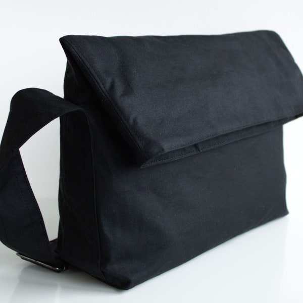 Gewachste Canvas Handtasche, Gewachste Canvas Handtasche, Gewachste Canvas Umhängetasche, Schwarze Umhängetasche, Unisex Tasche, Gewachste Männertasche - The Black Fold Top