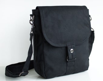 Black Waxed Canvas Tablet Messenger Bag, Unisex Crossbody