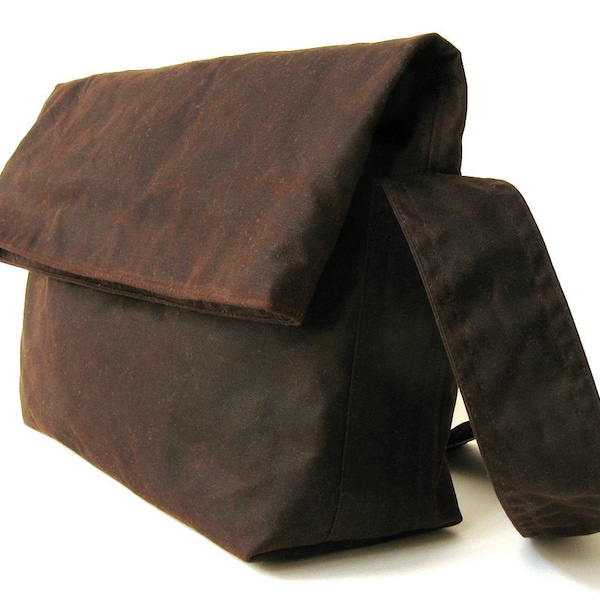 Waxed Canvas Shoulder Bag, Vegan Messenger, Waxed Canvas Messenger, Waxed Canvas Bag - The Brown Fold Top