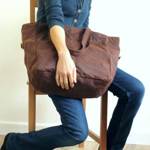 Unisex Waxed Cotton Crossbody Tote Bag, Brown Vegan Shopper Purse, 2 Way Tote with Detachable Strap, Handmade in England, Gift for Friends image 3