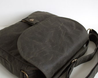 Waxed Canvas Tablet Messenger Bag, Olive Crossbody Bag, Handmade England