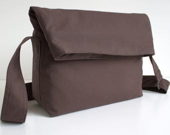 New brown dry waxed canvas shoulder bag: Unisex fold top messenger purse