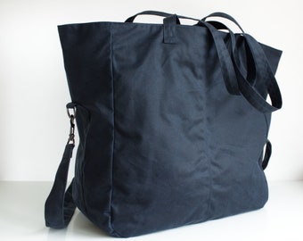 READY TO SHIP Navy Waxed Crossbody Tote Bag with Detachable Strap, Blue Vegan Shopper Handbag, 2 Way Tote, Handmade in England