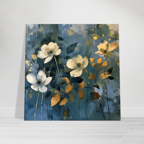 Abstract Floral Elegance, Stylized White Blooms, Gold Black Accents, Blue Depth Art, Digital Creation