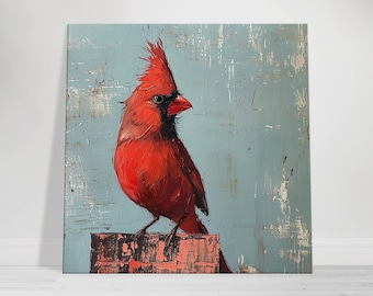 Red Cardinal Canvas Wall Art, Rustic Textured Bird Painting
