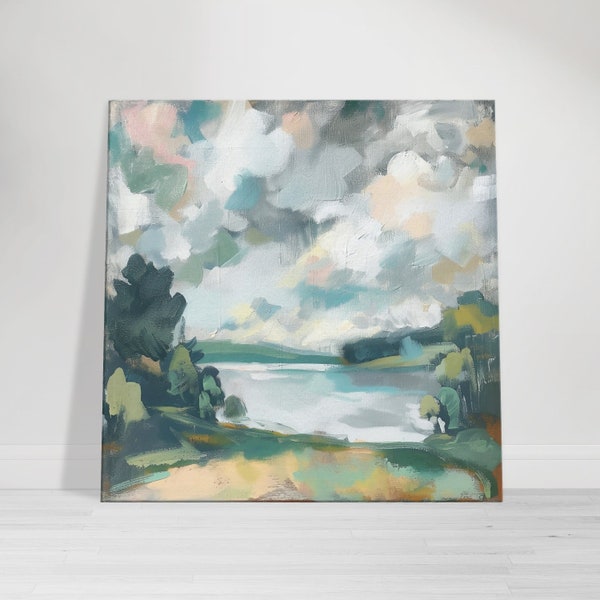 Adembenemend landschap canvas print, impressionistische kunst van wolken en bomen, gedrukt canvas artwork, digitale download beschikbaar