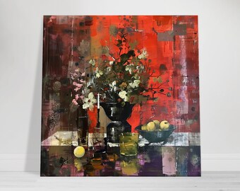 Rich Abstract Still Life Art, Modern Red and Purple Canvas, Textured Wall Decor
