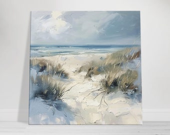 Coastal Beach Canvas Wall Art | Soft Blue Sand Dune Seascape Painting for Living Room and Bedroom | Summer Beach House Decor Gift