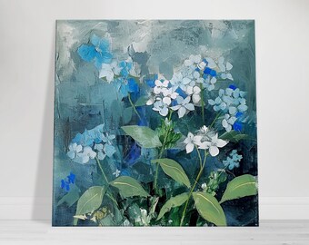 Quadro su tela con motivo floreale blu, trio botanico