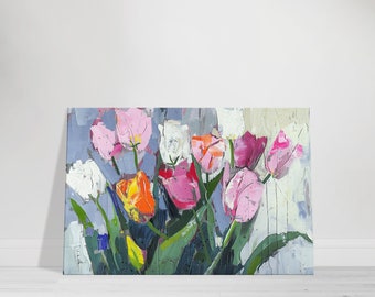 Textured Tulip Bouquet Canvas Wall Art, Abstract Floral Painting