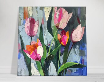 Quadro su tela con tulipani / Natura morta floreale moderna e colorata per soggiorno e cucina / Regalo di nozze con fiori primaverili
