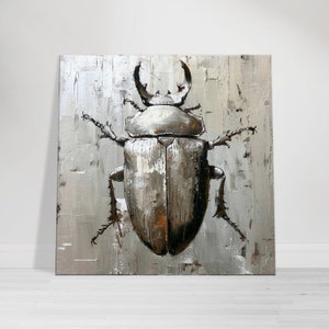 Silver Beetle Art Print, Abstract Insect Wall Art on Textured Grey Background, Nature-Inspired Home Decor