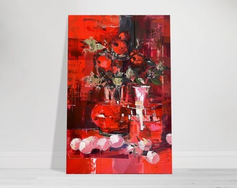 Radiant Red Abstract Vase and Garlic Canvas, Modern Artistic Wall Decor, Textured Painting