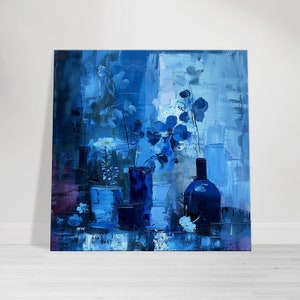 Blue Floral Still Life Canvas Art | Contemporary Vase Painting | Modern Home Decor | Digital Artwork Available
