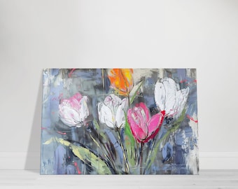 Abstract Tulip Canvas Wall Art, Blue Floral Bouquet