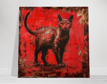 Bold Red Cat Canvas Wall Art, Abstract Feline Portrait