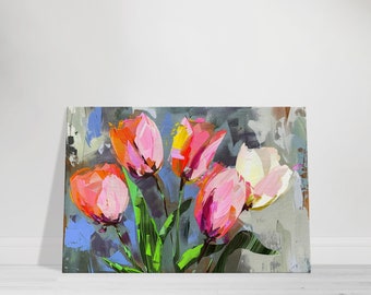 Colorful Tulip Canvas Wall Art | Modern Abstract Tulip Flower Painting for Living Room and Bedroom | Vertical Floral Decor Gift