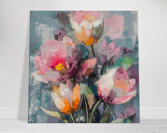 Quadro em tela com tulipas rosa, natureza morta floral abstrata.