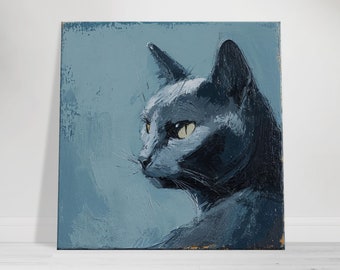 Cuadro de pared con retrato de gato azul, decoración moderna para mascotas.
