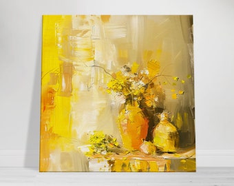 Yellow Floral Abstract Art, Modern Impressionist Painting, Vibrant Yellow Vase, Contemporary Home Decor