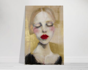 Cuadro de mujer en lienzo para pared / Pintura abstracta dorada con labios rojos para dormitorio y oficina / Decoración vertical moderna, ideal para regalar