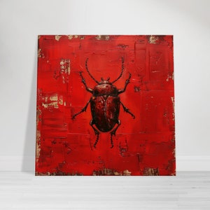 Red Beetle Art Print, Abstract Insect Wall Art on Textured Red Background, Nature-Inspired Home Decor, Instant Digital File Available