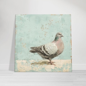 May include: A painting of a dove on a light blue background with a textured, aged look. The dove is gray with a pink breast and a black beak.