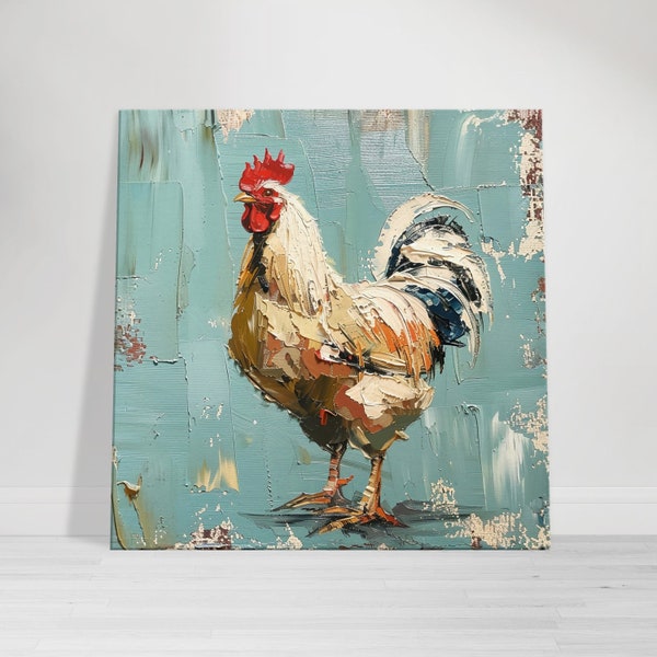 Vibrant Dawn, Impasto Rooster Canvas Art, Palette of the Countryside, Instantly Downloadable Digital Piece