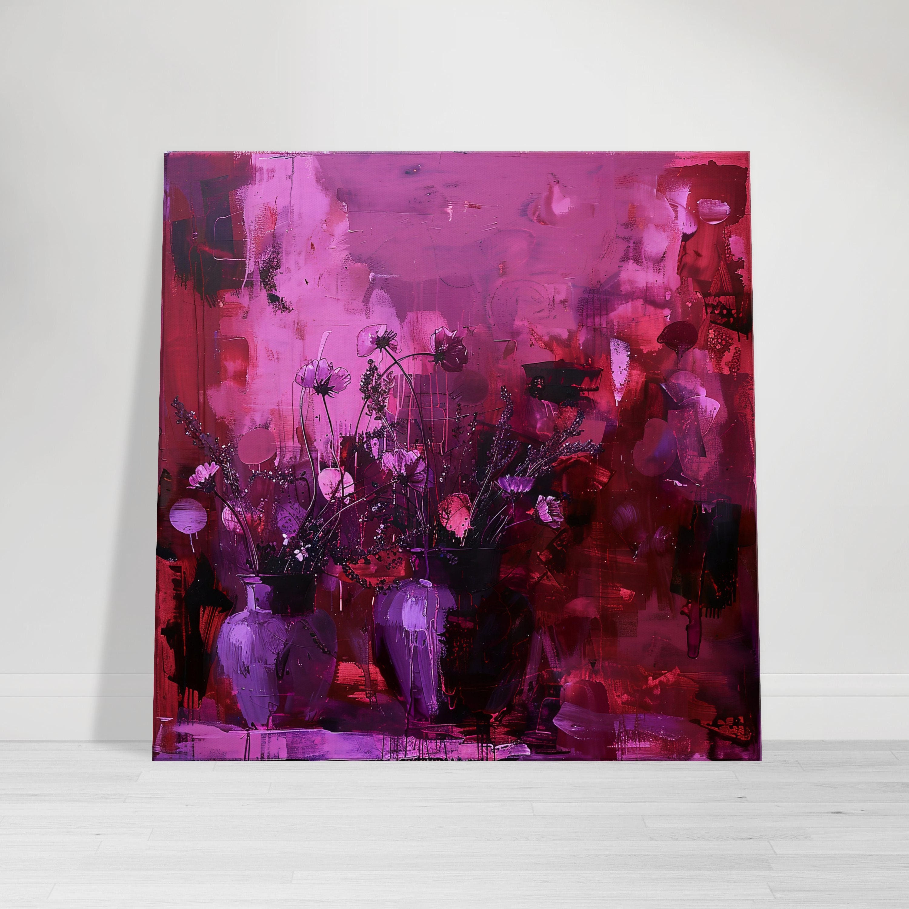 Pink Purple Floral Abstract Painting: Modern Flowers Vase Canvas Art