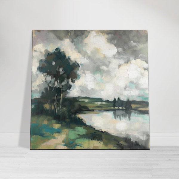 Wildernis muur decor, abstract landschap schilderij van zonsondergang bos en rivier, gedrukte kunstwerken, digitale download beschikbaar