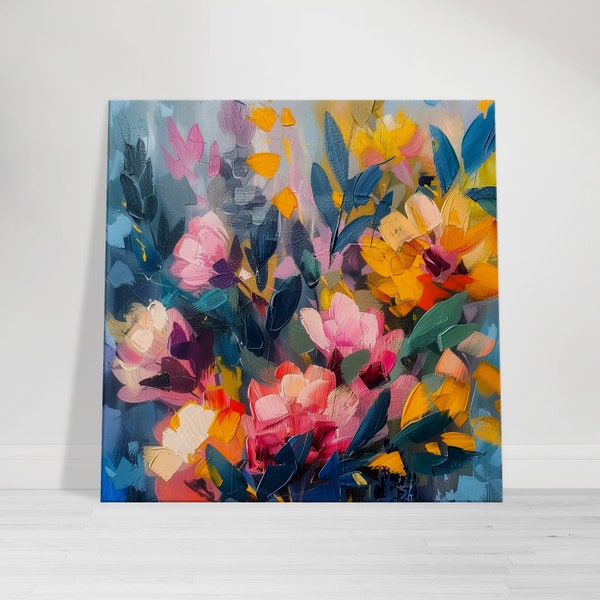 Vibrant Floral Symphony, Abstract Impasto Blossoms, Blue Gray Harmony, Textured Canvas Art, Digital Masterpiece