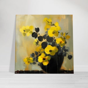 May include: A painting of a bouquet of yellow flowers in a black vase. The flowers are arranged in a loose, natural style, and the background is a soft, muted yellow.