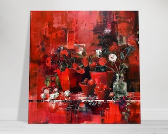 Red Abstract Floral Canvas Wall Art, Textured Still Life