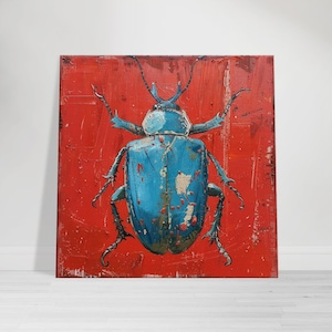 Blue Beetle Art Print, Abstract Insect Wall Art on Vibrant Red Background, Nature-Inspired Home Decorable File