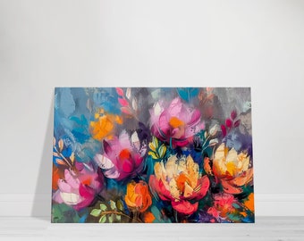 May include: Abstract painting of colorful flowers in shades of pink, yellow, orange, and blue. The flowers are painted in a loose, expressive style, with visible brushstrokes.