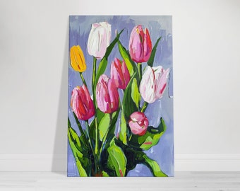 Pink Tulip Canvas Wall Art | Modern Pink and Yellow Floral Painting for Bedroom and Nursery | Vertical Spring Flower Gift