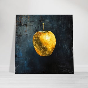 May include: A golden apple painted on a dark blue textured background. The apple has a stem and leaf.