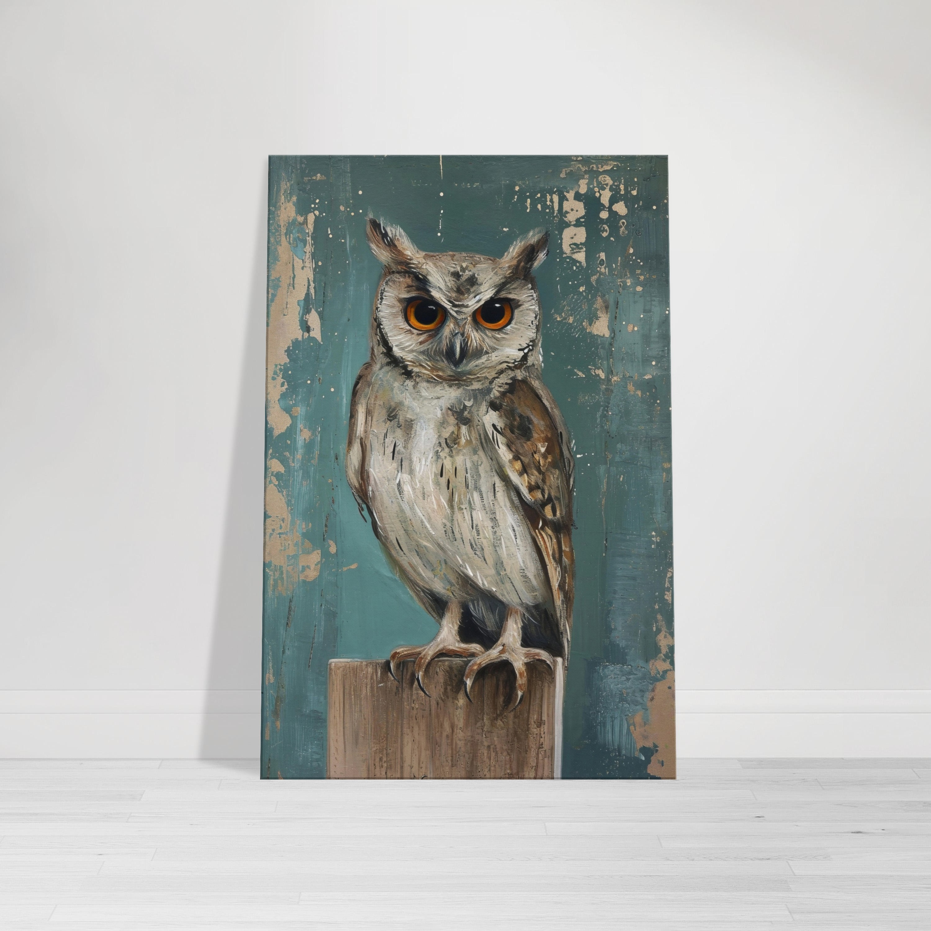 Teal Owl Canvas Wall Art, Rustic Bird Portrait
