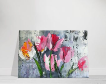 Quadro em tela com tulipas rosa, natureza morta com buquê floral texturizado.