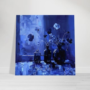 Mystical Blue Floral Still Life Digital Painting on Canvas, Elegant Abstract Flower Art for Home Decor, Wall Art