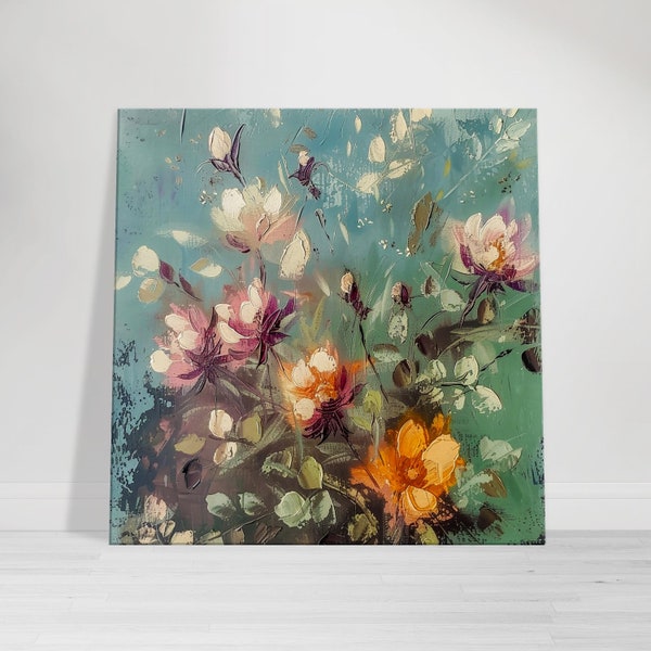 Colorful Floral Medley, Abstract Impressionist Blooms, Muted Teal Backdrop, Textured Brushwork, Digital Art